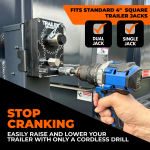 Cordless drill turning a Multi-Mount Dual Speed gearbox mounted on a 4 inch square trailer jack
