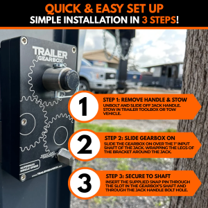 Three-step install: remove jack handle, slide gearbox over the 1 inch shaft, secure with the snap pin